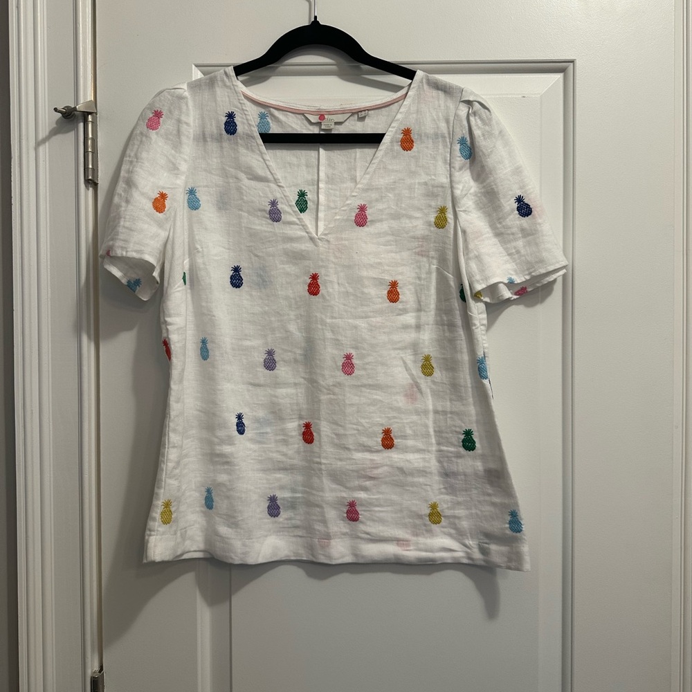 Boden White Pineapple Embroidered Short-Sleeve Linen Top